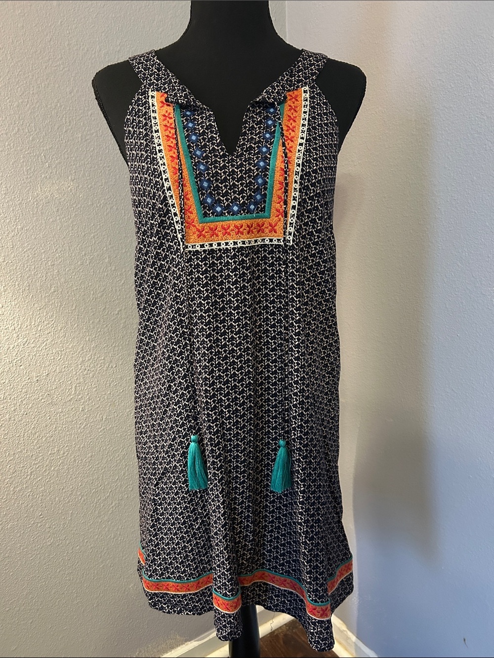 THML Women Sleeveless Navy Printed Multicolor Embroidery Dress Size Small